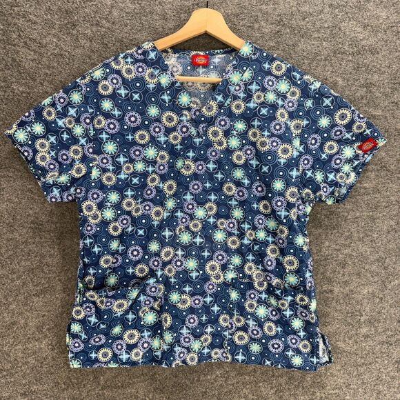 Dickies Scrub Top Women M Medium Blue Geometric V-Neck Pockets Short Sleeve - Picture 1 of 6